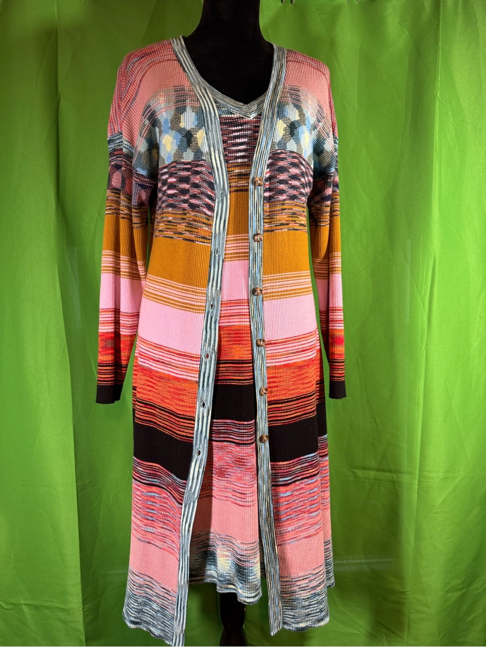Terra & Sky Multicolor Striped Midi 2 piece Cardigan Dress - Pink, Gold, Black